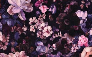 Jogging stof, Bloemenprint, Marineblauw/Paars/Roze. P915-1