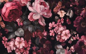 Jogging stof, Bloemenprint, Zwart/Bordeaux/Roze. P916-1