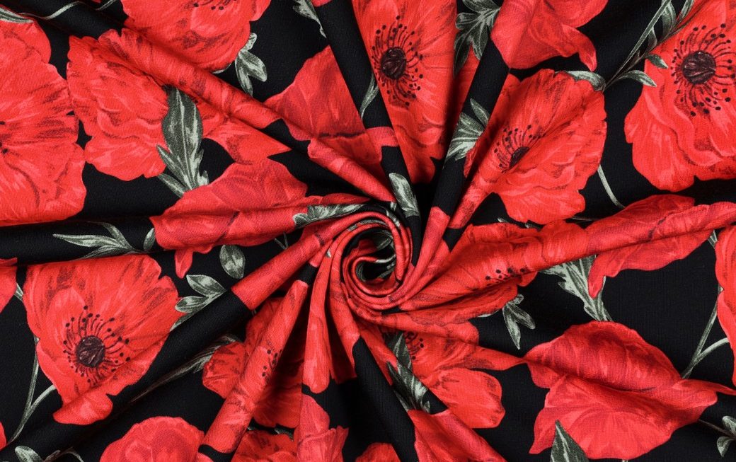 French Terry Stof, Digital Flower, Zwart/Groen/Rood. P917 -2