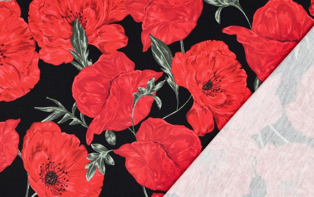 French Terry Stof, Digital Flower, Zwart/Groen/Rood. P917 -3