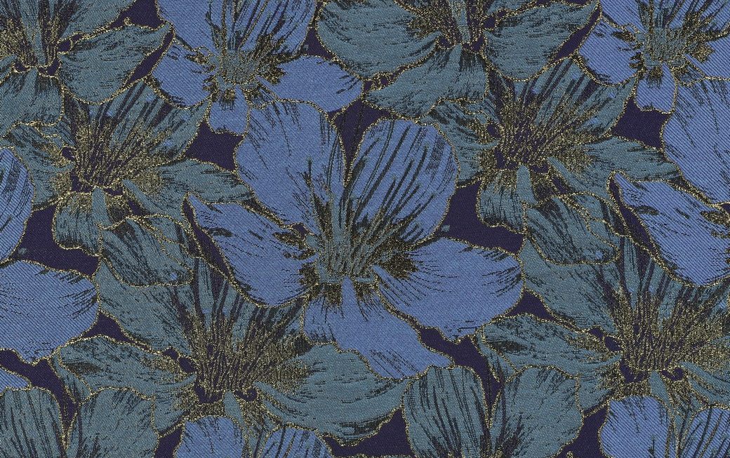 Jacquard Stof, Bloemen Print, Blauw/Aqua/Goud. P918-1