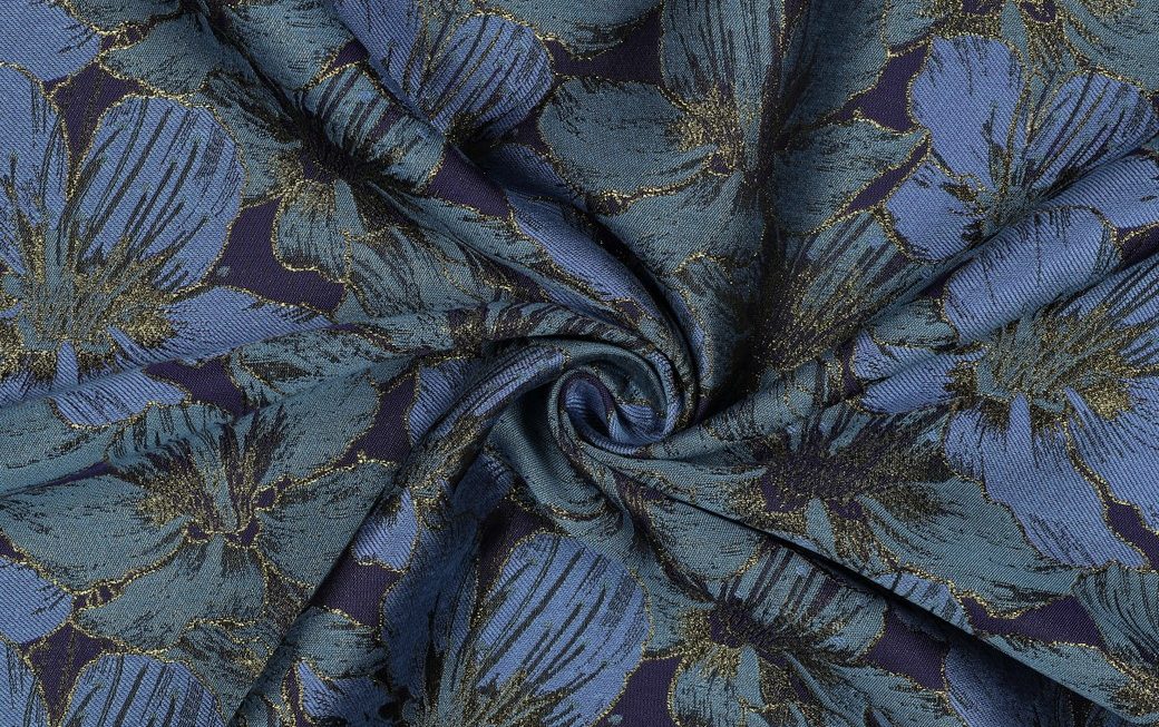Jacquard Stof, Bloemen Print, Blauw/Aqua/Goud. P918-2