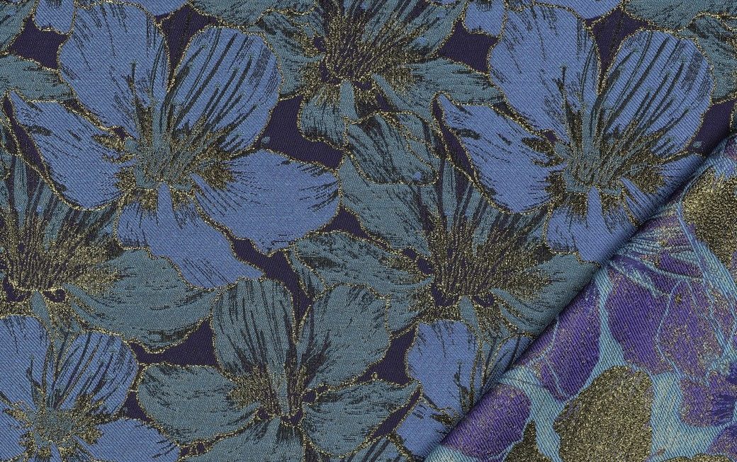 Jacquard Stof, Bloemen Print, Blauw/Aqua/Goud. P918-3