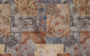 Viscose Stof, Abstracte Print, Bruin/Bordeaux/Blauw. P925-1