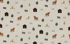 Poplin Katoen Stof, GOTS, Boerderijdieren Print, Naturel/Bruin/Groen. P927-1