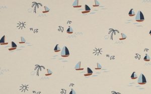 Jersey Stof, GOTS, Bootjes Motief, Naturel/Bruin/Blauw. P928-1