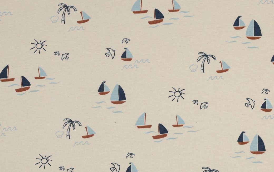 Jersey Stof, GOTS, Bootjes Motief, Naturel/Bruin/Blauw. P928-1