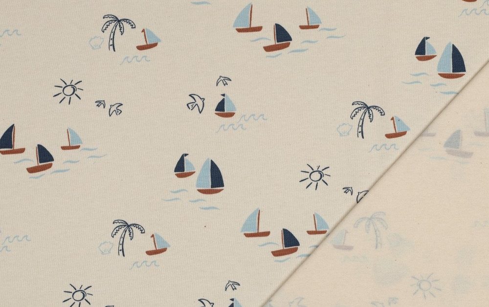 Jersey Stof, GOTS, Bootjes Motief, Naturel/Bruin/Blauw. P928-3