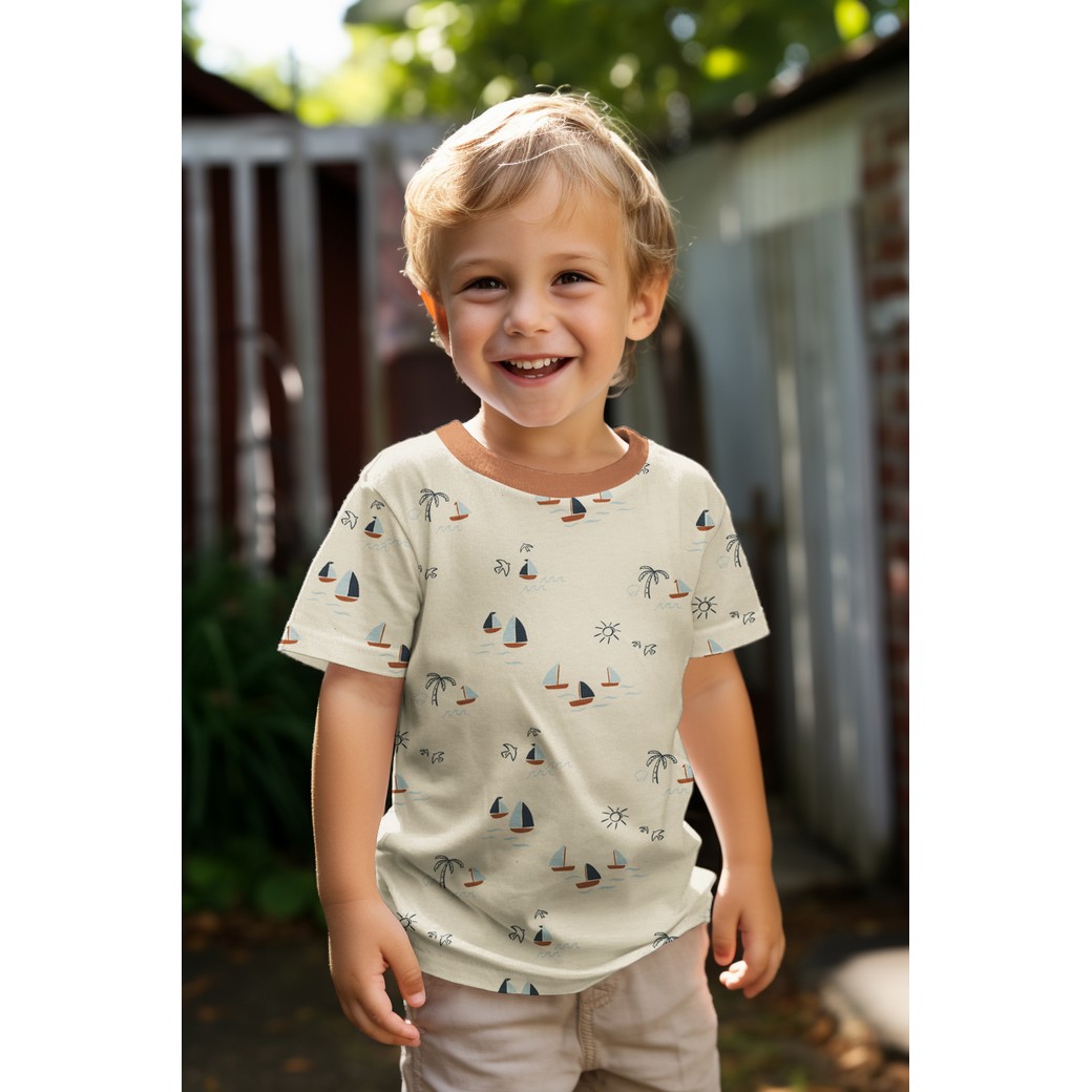 Jersey Stof, GOTS, Bootjes Motief, Naturel/Bruin/Blauw. P928-5