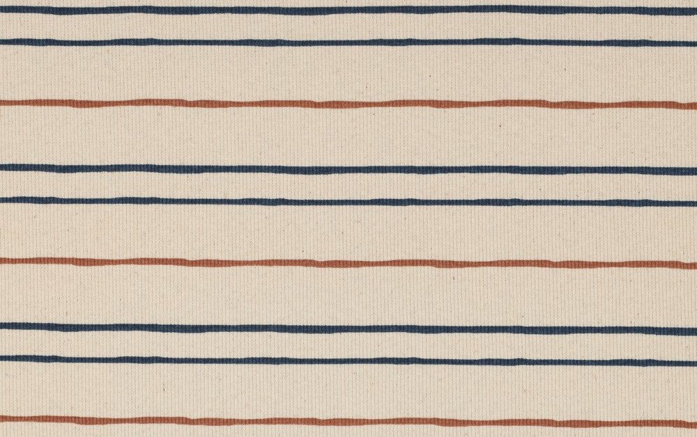 Rib Jersey Stof, GOTS, Streep Motief, Naturel/Bruin/Blauw. P929-1