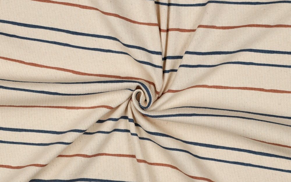 Rib Jersey Stof, GOTS, Streep Motief, Naturel/Bruin/Blauw. P929-2