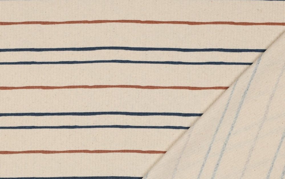 Rib Jersey Stof, GOTS, Streep Motief, Naturel/Bruin/Blauw. P929-3