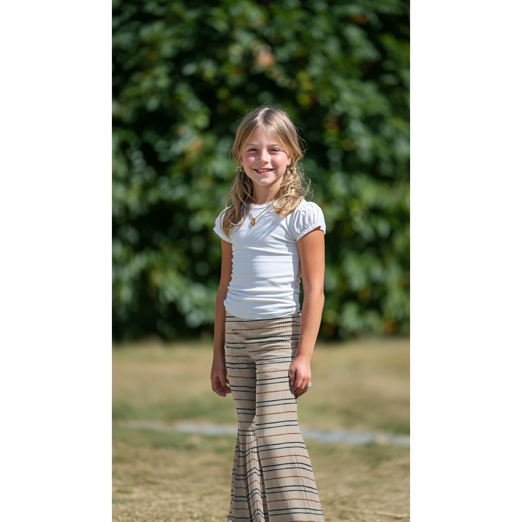 Rib Jersey Stof, GOTS, Streep Motief, Naturel/Bruin/Blauw. P929-5