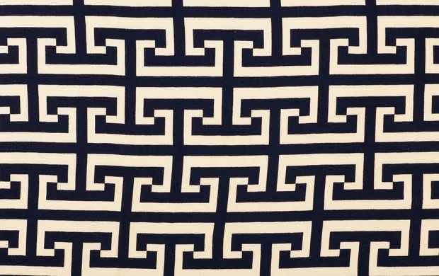 Viscose Satijn Stof, Geometrisch Print, Marine Blauw/ Off White, P874.-1