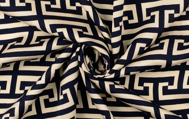 Viscose Satijn Stof, Geometrisch Print, Marine Blauw/ Off White, P874.-2
