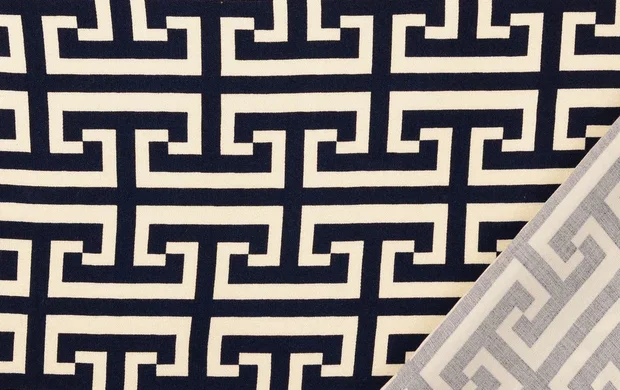 Viscose Satijn Stof, Geometrisch Print, Marine Blauw/ Off White, P874.-3