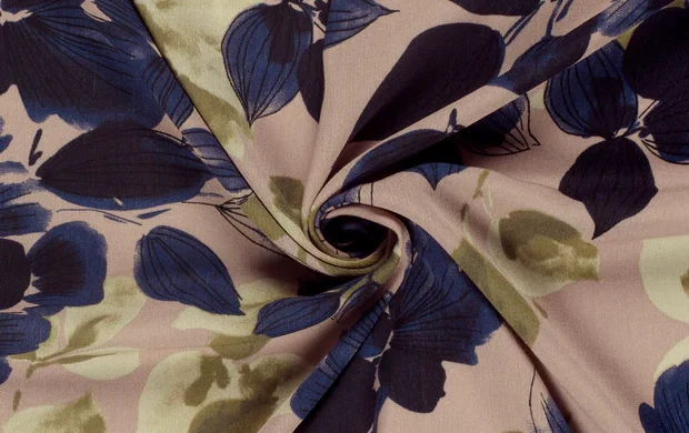 Broken Crêpe Stof, Bloemen Print, Marine/Oud Roze/Olijf Groen, P888-2