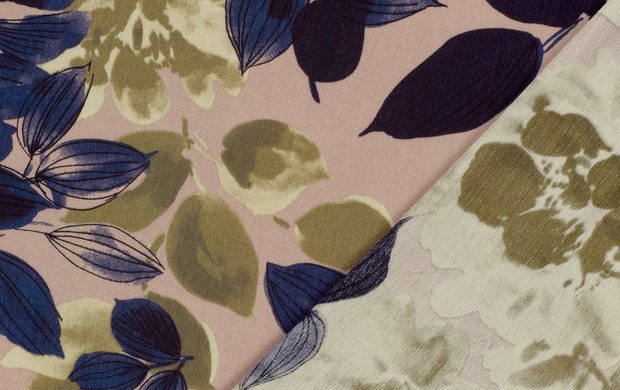 Broken Crêpe Stof, Bloemen Print, Marine/Oud Roze/Olijf Groen, P888-3