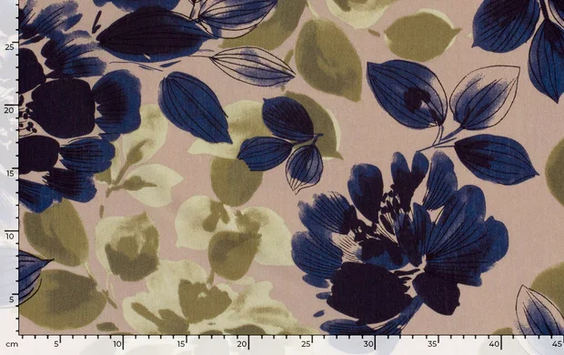 Broken Crêpe Stof, Bloemen Print, Marine/Oud Roze/Olijf Groen, P888-4