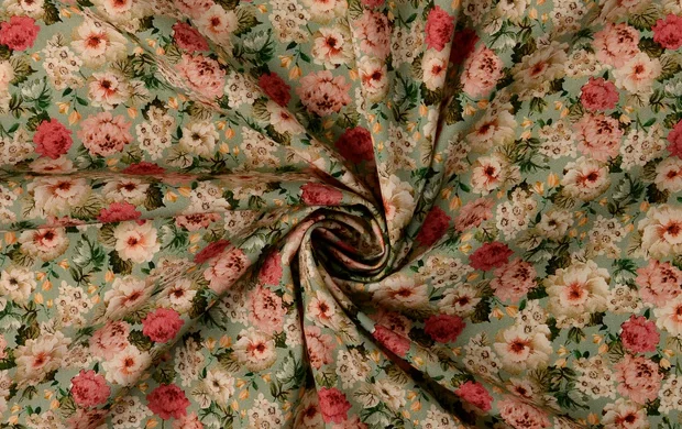 Poplin Katoen Stof, Bloemen Print, Groen/Roze/Oud Roze/Beige, P889-2