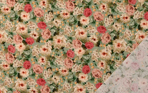 Poplin Katoen Stof, Bloemen Print, Groen/Roze/Oud Roze/Beige, P889-3