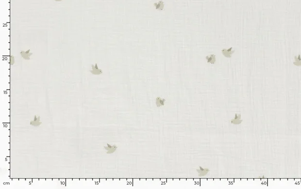 Hydrofiel Mousseline Stof, Vogel Print, Gebroken Wit. P949-4