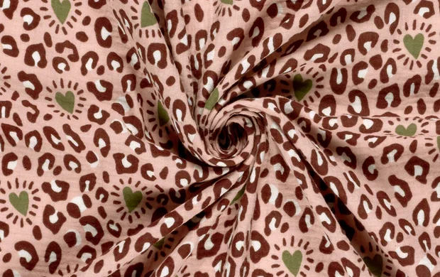Hydrofiel Mousseline Stof, Panter Print, Roze/Groen. P950-2
