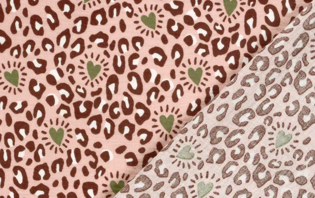 Hydrofiel Mousseline Stof, Panter Print, Roze/Groen. P950-3