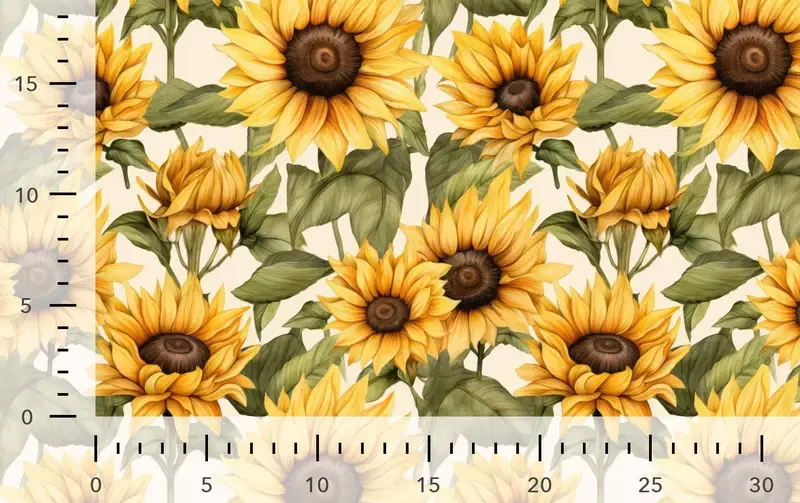 Jersey Stof, Zonnebloem Groot Print, Geel/Groen/Off White. P954-2
