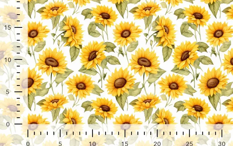 Jersey Stof, Zonnebloem Print, Geel/Groen/Off White. P955-2