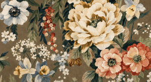 Decoratie stof Panama, bloemen print, wit/groen/roze/bruin PAN04-1