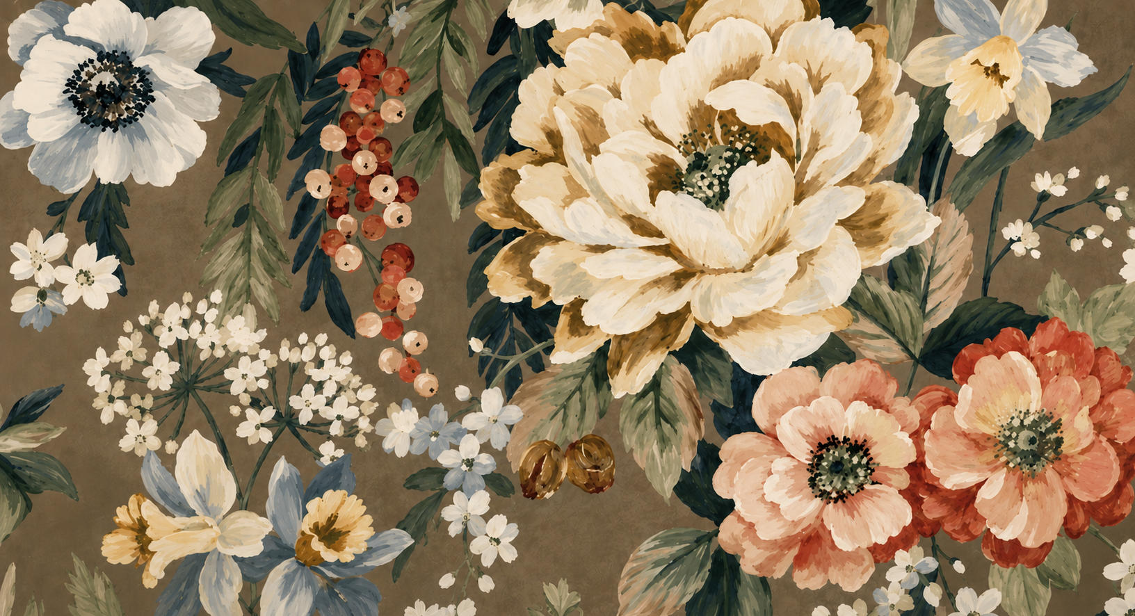 Decoratie stof Panama, bloemen print, wit/groen/roze/bruin PAN04-1