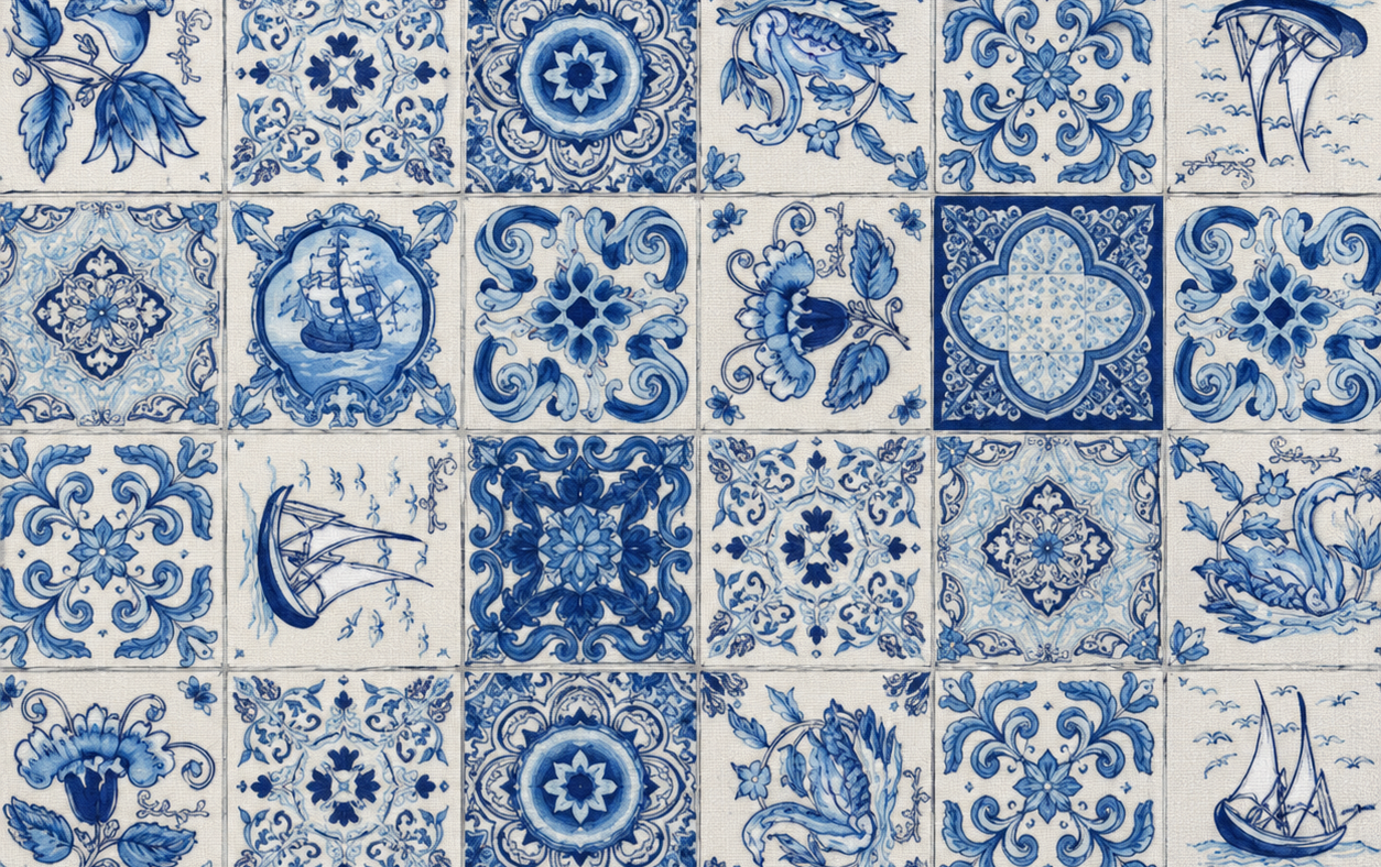Decoratie stof Gobelin, Delfts blauwe tegeltjes, blauw/wit, DG12