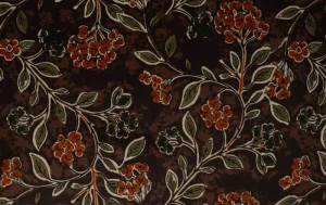 Velours stof, bladeren print, oranje/bruin/groen. A.037-1