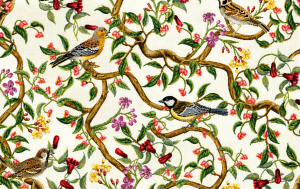 Decoratie stof Gobelin, vogels op tak, rood/bruin/geel/groen/wit, DG09