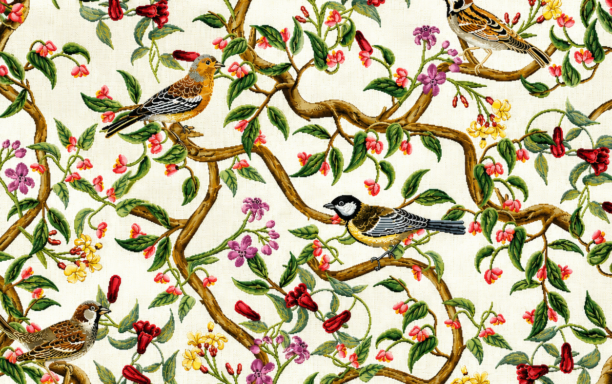 Decoratie stof Gobelin, vogels op tak, rood/bruin/geel/groen/wit, DG09