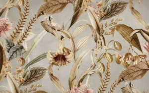 Decoratie stof Panama, bladeren print, wit/groen/grijs/bruin PAN06-1