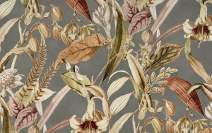 Decoratie stof Panama, bladeren print, wit/groen/grijs/bruin PAN05