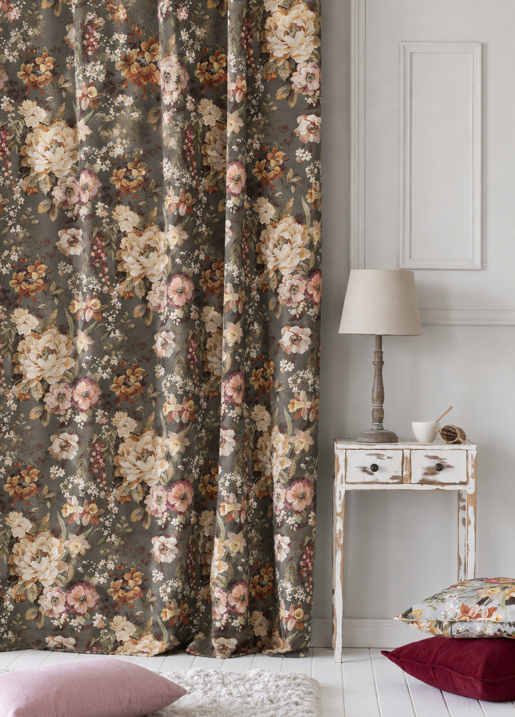 Decoratie stof Panama, bloemen print, wit/groen/roze/bruin PAN04-2