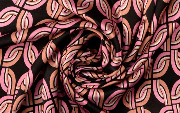 Viscose satijn stof, abstact, zwart/roze/oranje, P1021-2