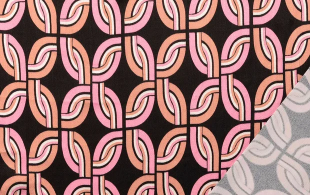 Viscose satijn stof, abstact, zwart/roze/oranje, P1021-3