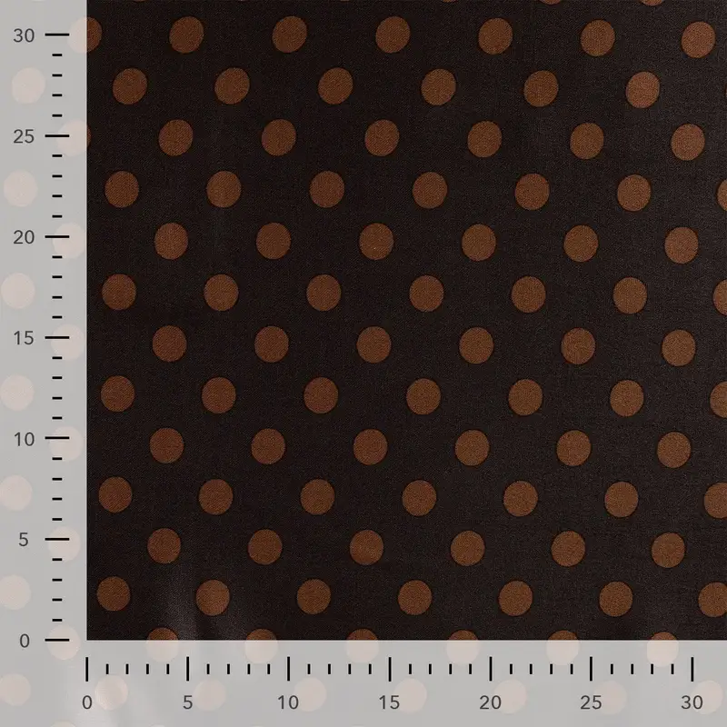 Viscose satijn stof, stip print, donker bruin/camel. P958-3
