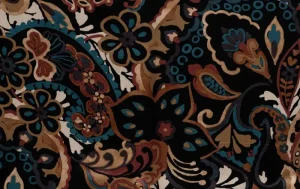 Viscose satijn stof, paisley print, roest/aqua/bruin/zwart. P961-1