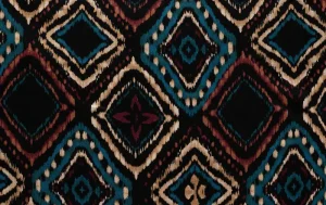 Viscose satijn stof, ruit print, roest/aqua/bruin/zwart. P962-1