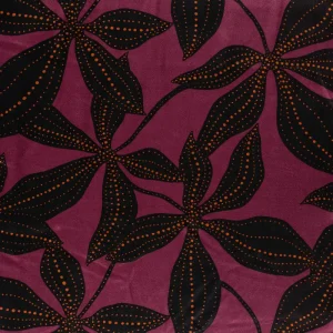 Viscose satijn stof, bloem print, roest/paars/zwart. P963-1