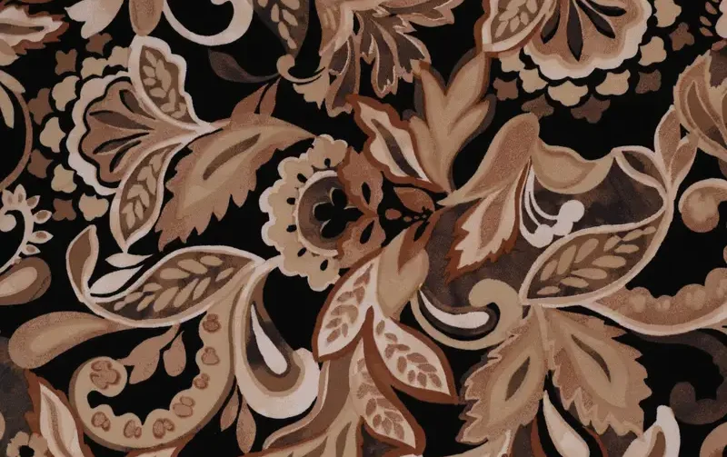 Viscose stretch stof, bladeren print, bruin/camel/zwart/roest. P966-1