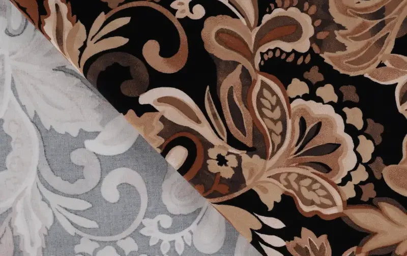 Viscose stretch stof, bladeren print, bruin/camel/zwart/roest. P966-2