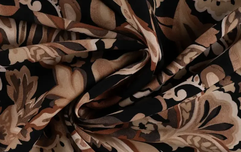 Viscose stretch stof, bladeren print, bruin/camel/zwart/roest. P966-3