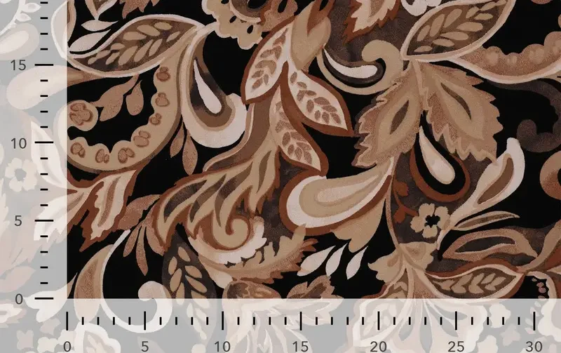 Viscose stretch stof, bladeren print, bruin/camel/zwart/roest. P966-4