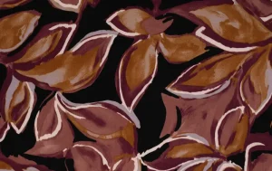 Viscose twill stof, bladeren print, aubergine/zwat/creme. P967-1